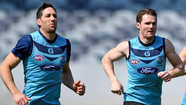 Geelong’s Harry Taylor and Patrick Dangerfield train in Geelong. Picture: AAP