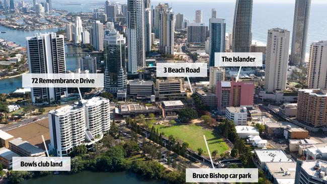 Surfers Paradise, showing Bruce Bishop car park and the former bowls club. Photo: Supplied