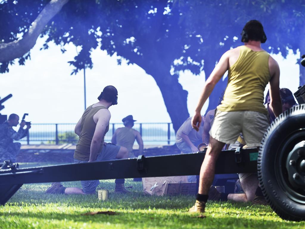 Soldiers reenact the defence of Darwin during the 77th Anniversary of the Bombing of Darwin on Tuesday, February 19, 2019. Picture: KERI MEGELUS