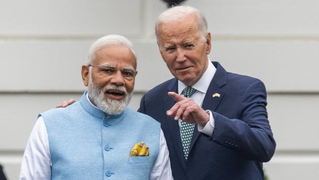 Indian Prime Minister Narendra Modi was greeted by US President Joe Biden on the lawn of the White House. Picture: AFP