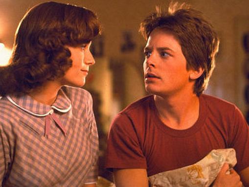 actors Lea Thompson and Michael J Fox as Marty McFly in a scene from 1985 film 'Back to the Future'