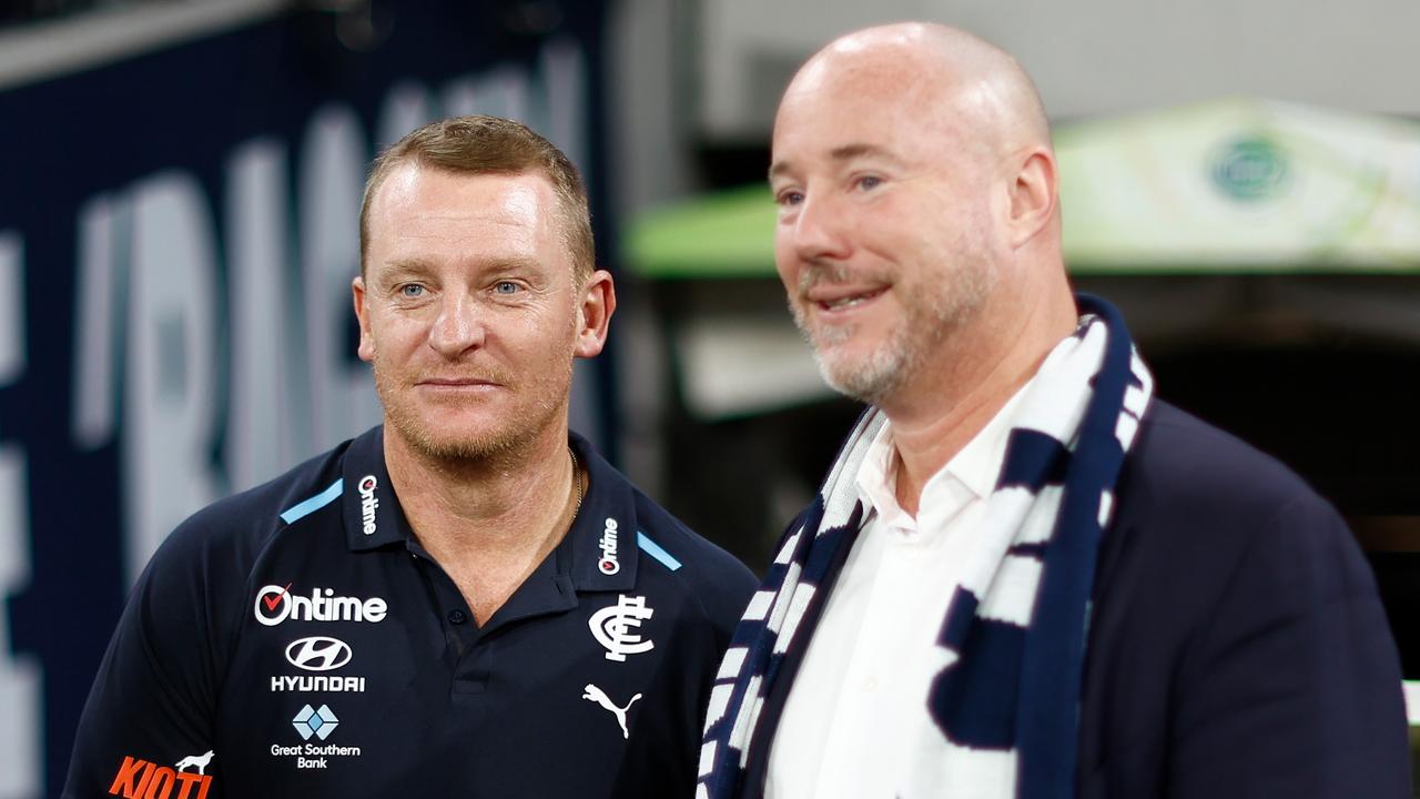 Michael Voss, Senior Coach of the Blues and President Luke Sayers. Photo by Michael Willson/AFL Photos via Getty Images.