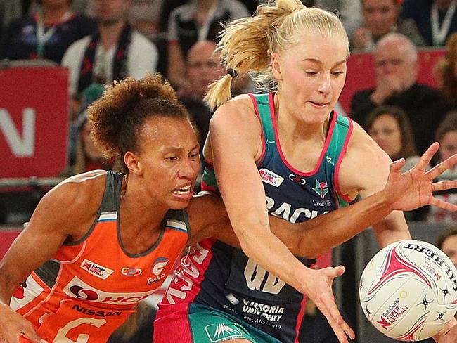 Vixens star Jo Weston and Serena Guthrie battle for the ball.