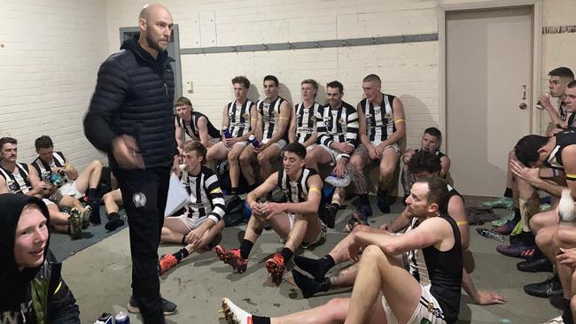 Wangaratta Magpies coach Ben Reid and his players after their win against Wangaratta Rovers. Picture: David Johnston