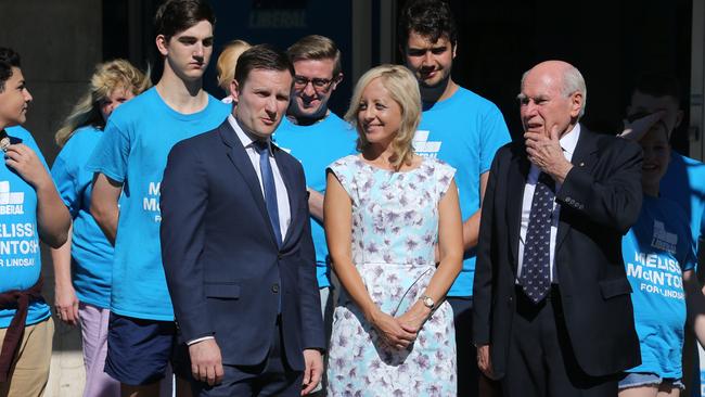 Former Liberal PM John Howard and Special Minister of State Alex Hawke join Liberal candidate for Lindsay Melissa McIntosh in Penrith. Picture: Britta Campion