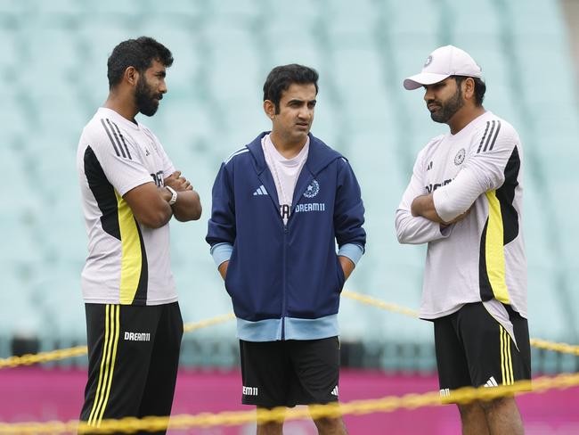 SYDNEY, AUSTRALIA - JANUARY 02: Jasprit Bumrah, India Coach Gautam Gambhir and Rohit Sharma of India inspect the pitch during an India nets session at Sydney Cricket Ground on January 02, 2025 in Sydney, Australia. (Photo by Darrian Traynor/Getty Images)