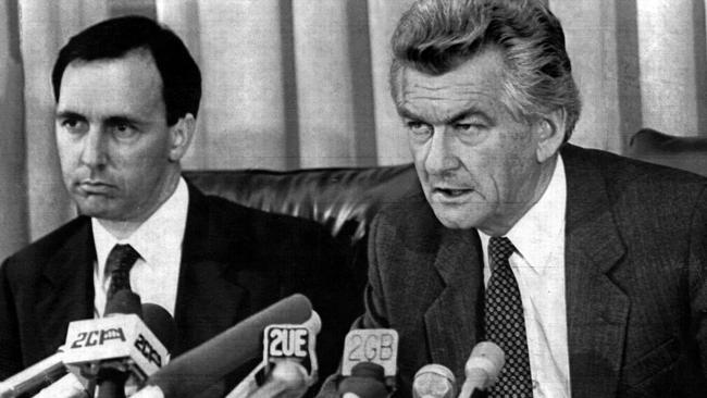 Paul Keating and Bob Hawke during a 1983 press conference at Parliament House in Canberra.