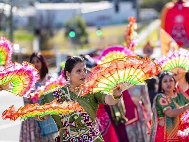 Dancers in front of the chariot at Toowoomba's Festival of Chariots, Saturday, July 20, 2024. Picture: Kevin Farmer