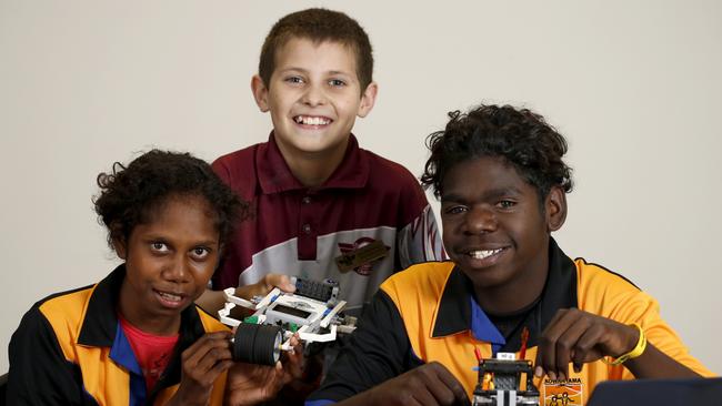 Cairns School of Distance Education students Beyonce Aiden 16 from Kowanyama, Joel McFarlane 12 and Jurarl Henry 15 from Kowanyama at the QSITE Grand Prix Robotics workshop. File photo. Anna Rogers