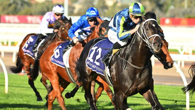 MELBOURNE, AUSTRALIA - JUNE 17: Blake Shinn riding Brayden Star into second place in Race 7, the The David Bourke, during Melbourne Racing at Flemington Racecourse on June 17, 2023 in Melbourne, Australia. (Photo by Vince Caligiuri/Getty Images)