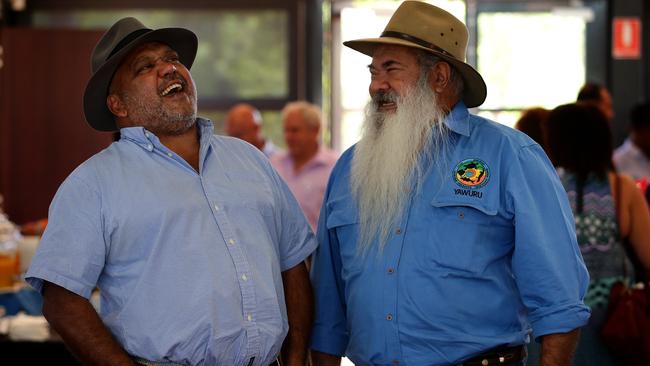 Indigenous Leader's Roundtable - Property Rights at Notre Dame Uni, Broome. Noel Pearson Founder and Director of Strategy, Cape York Institute with Pat Dobson (hat, white beard) Chair, Nyamba Buru Yawuru