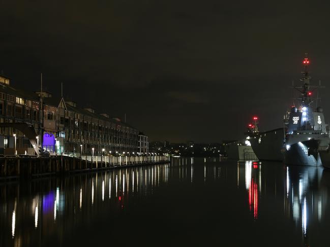 Generic images of Navy ships at Woolloomooloo, Wharf and Fog beginning to roll in over the city buildings on a winter night. Pics Bill Hearne