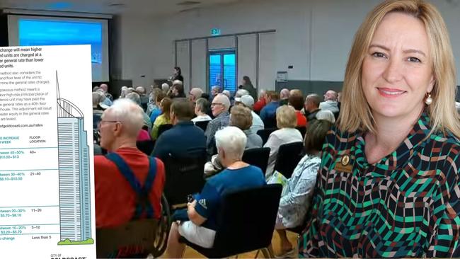 Attendees at a Town Hall meeting in Southport on Thursday to discuss council's rates changes for high rise unit owners. Picture: 7NEWS Gold Coast.