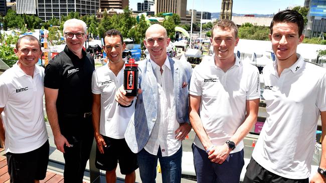 BMC riders Simon Gerrans, Richie Porte, Rohan Dennis and Miles Scotson with BMC director of business Solutions Georges Luchinger and Swisse Wellness ANZ managing director Oliver Horn on the pool deck of the Hilton Hotel on Monday. Picture: Bianca De Marchi