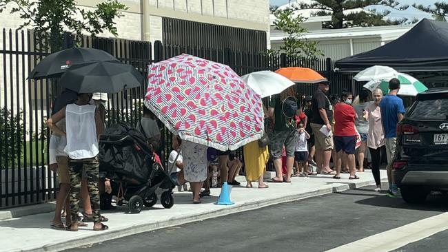 Lines at the Covid-19 testing clinic set up at Broadbeach State School.