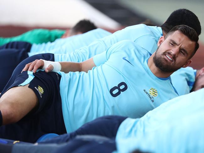 MALACCA, MALAYSIA - OCTOBER 04: Bailey Wright of Australia stretches during an Australia Socceroos training session at Hang Jebat Stadium on October 4, 2017 in Malacca, Malaysia.  (Photo by Robert Cianflone/Getty Images)