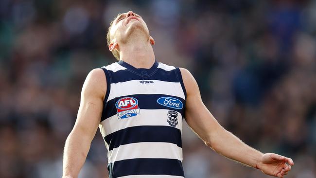 Joel Selwood reacts on the final siren of his great career.