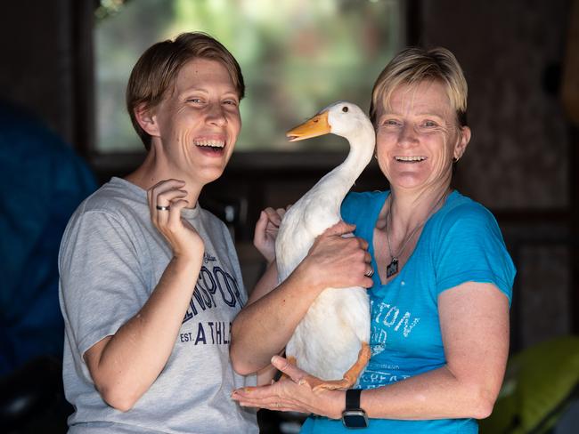Diana Batkin with wife Lucy with one of the ducks they rescued. Picture: AAP / Monique Harmer