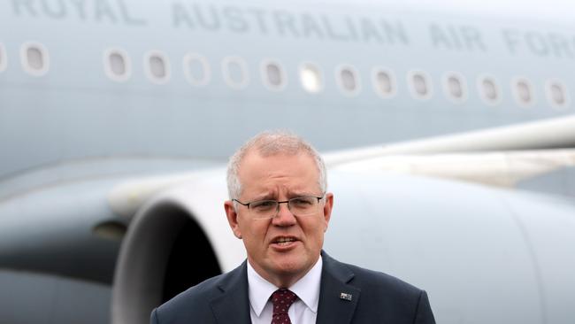 Scott Morrison lands at RAF Brize Norton in Oxfordshire last week ahead of the United Kingdom G7 Summit in Cornwall. Picture: Adam Taylor/PMO