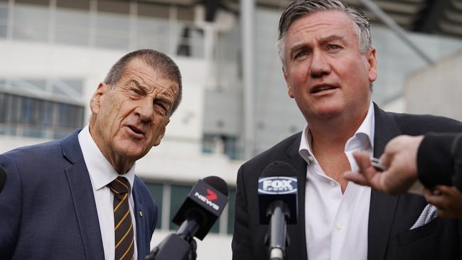 Hawthorn Football Club President Jeff Kennett (left) and Collingwood Football Club President Eddie McGuire. Picture: AAP Image/Stefan Postles