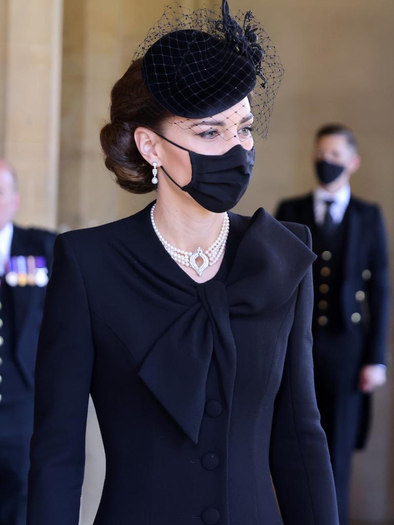 Kate in a Catherinw Walker coat dress at Prince Philip’s funeral in April. Picture: Chris Jackson/WPA/Getty Images