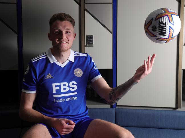 LEICESTER, ENGLAND - JANUARY 31: Leicester City Unveil New Signing Harry Souttar at Leicester City Training Ground, Seagrave on January 31, 2023 in Leicester, United Kingdom. (Photo by Plumb Images/Leicester City FC via Getty Images)