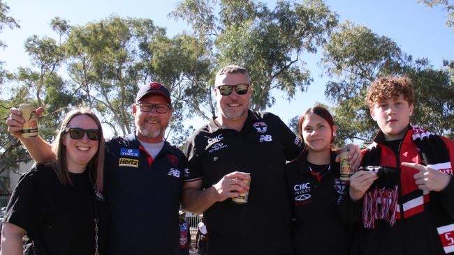 Jess Matic, Brian Duncan, Rossy, Grace Ross, and Jaxson Ross at Traeger Park, Alice Springs, for the Demons Saints game on June 1, 2025. Picture: Gera Kazakov