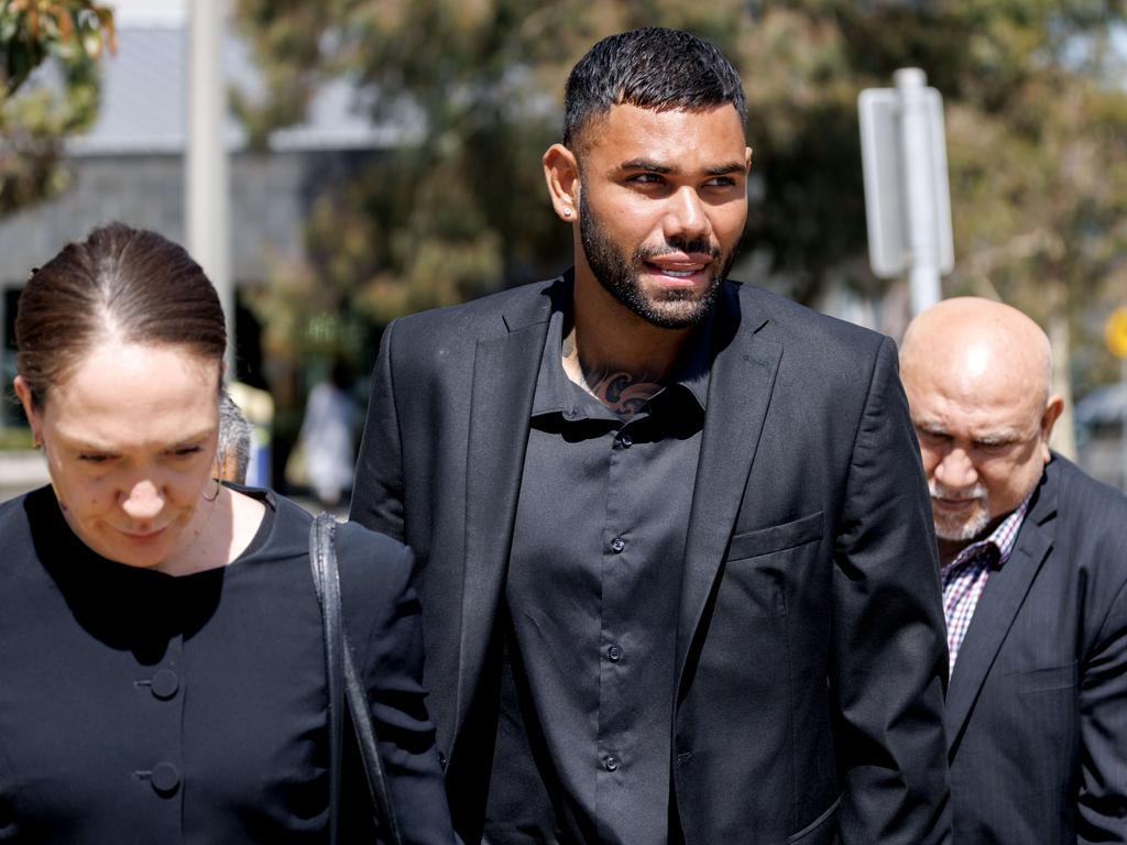 MELBOURNE, AUSTRALIA – NewsWire Photos – November 21, 2024: Disgraced former North Melbourne midfielderTarryn Thomas leaves Broadmeadows court. Thomas is accused of making a series of allegedly harassing phone calls to his former partner after he was axed by the Kangaroos in May. Picture: NewsWire / David Geraghty