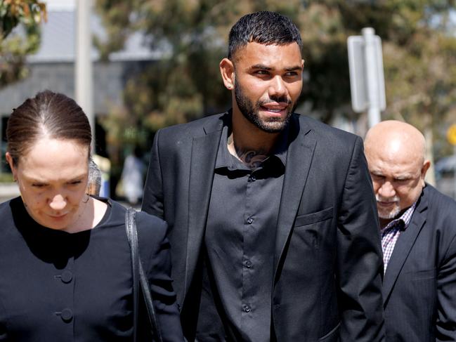 MELBOURNE, AUSTRALIA – NewsWire Photos – November 21, 2024: Disgraced former North Melbourne midfielderTarryn Thomas leaves Broadmeadows court. Thomas is accused of making a series of allegedly harassing phone calls to his former partner after he was axed by the Kangaroos in May. Picture: NewsWire / David Geraghty