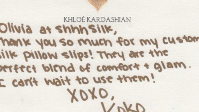 Thank you card from Khloe Kardashian to Olivia Carr, of Shhhsilk