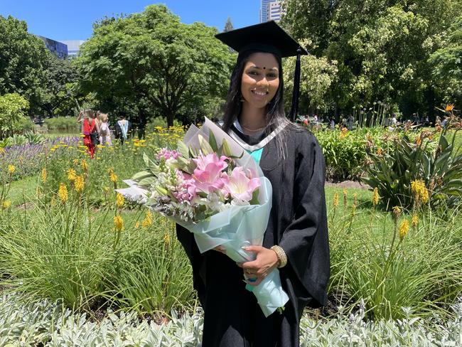 Sharanaa Jayaroopana graduated with a Bachelor of Commerce at the 2024 University of Melbourne graduations. Picture: Himangi Singh