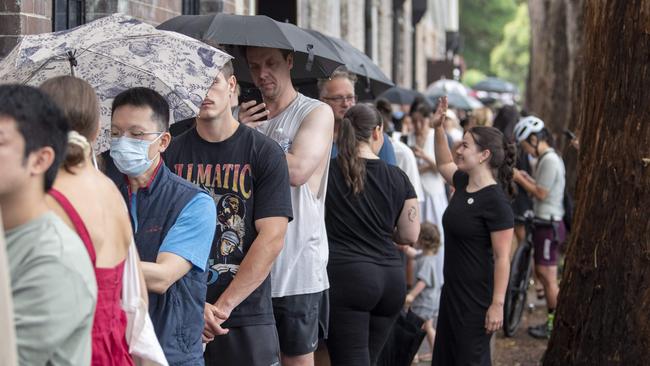 The opening of Lune Croissanterie at Rosebery engine yards created long lines of people stretching around the corner. Picture: NewsWire / Simon Bullard.