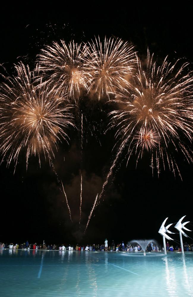 Fireworks light up the sky on New Year's Eve over the Cairns Esplanade lagoon. Picture: Brendan Radke