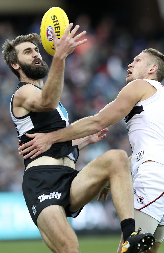 Port Adelaide’s Justin Westhoff marks over St Kilda’s Sam Gilbert. Picture: Sarah Reed