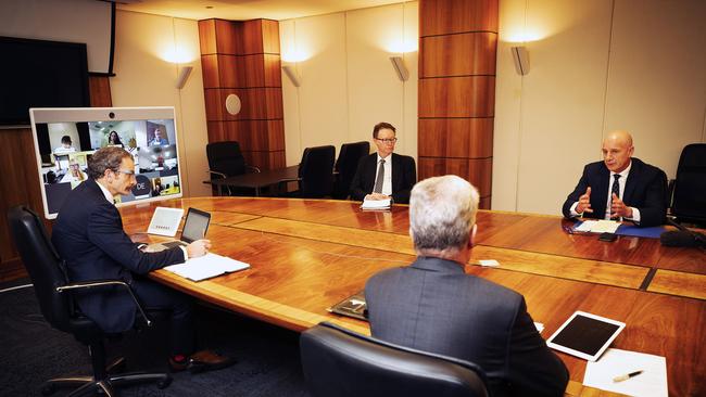 First meeting of economic recovery council, Chair Don Challen (front), Director Office of the Superannuation Commission Adrian Christian, Secretary of the Department of Treasury and Finance Tony Ferrall and Premier Peter Gutwein at Hobart. Picture Chris Kidd