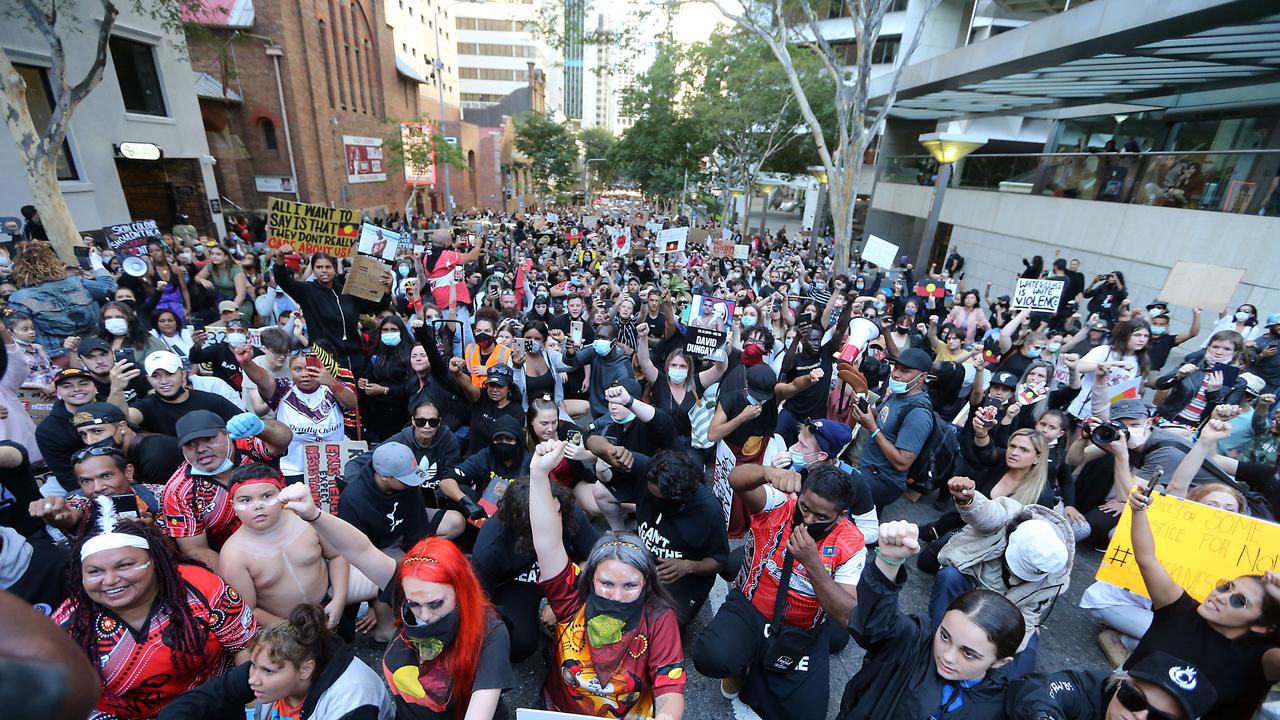 Tens of thousands of people march in Brisbane on Saturday as part of a Black Lives Matter protest. Picture: AAP Image/Richard Gosling