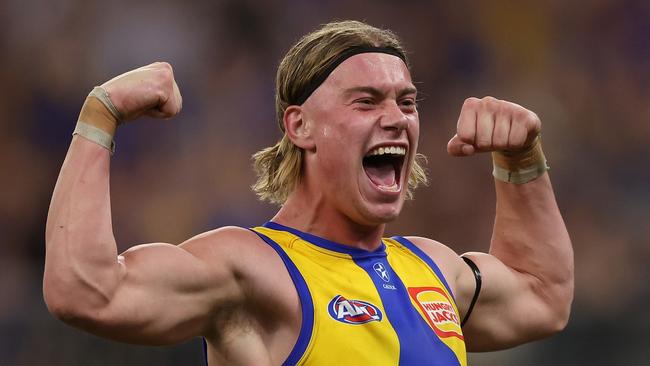 PERTH, AUSTRALIA - APRIL 20: Harley Reid of the Eagles celebrates after scoring a goal during the 2024 AFL Round 06 match between the West Coast Eagles and the Fremantle Dockers at Optus Stadium on April 20, 2024 in Perth, Australia. (Photo by Will Russell/AFL Photos via Getty Images)