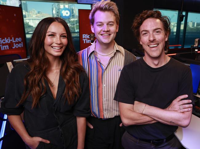 With Ricki-Lee Coulter and Tim Blackwell at Nova FM. Picture: Justin Lloyd