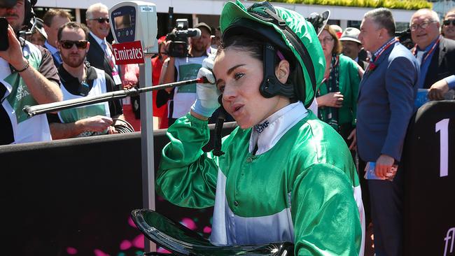 Jockey Michelle Payne weighs in after winning on Tavi Bay during last year’s Flemington Spring Carnival. Picture: Ian Currie