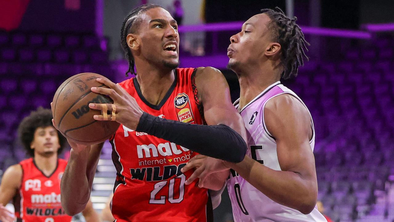 Alex Sarr goes up against Ron Holland during Perth’s pre-season visit to the US to face G League Ignite. Picture: Getty Images/AFP