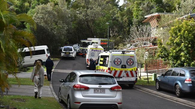 Police vehicles in Pecan Court, off Bottlebrush Crescent, in Suffolk Park. Officers have attended an anti-5G protest in the area on Monday, July 12, 2021. Picture: Javier Encalada