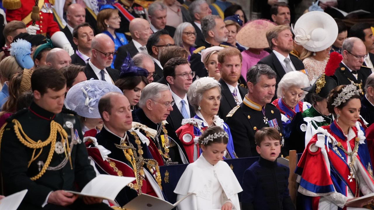 Prince William, Prince of Wales, Princess Charlotte, Prince Louis and Catherine, Princess of Wales and Prince Harry, Duke of Sussex all attended the coronation ceremony of King Charles III and Queen Camilla in Westminster Abbey in May. Photo by Victoria Jones – WPA Pool/Getty Images.