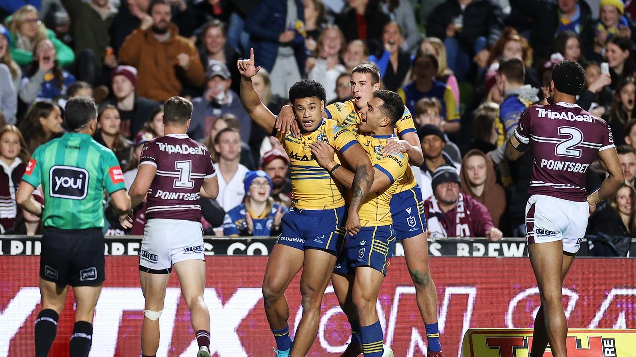 Waqa Blake celebrates one of the put downs of the season. Picture; Cameron Spencer/Getty Images