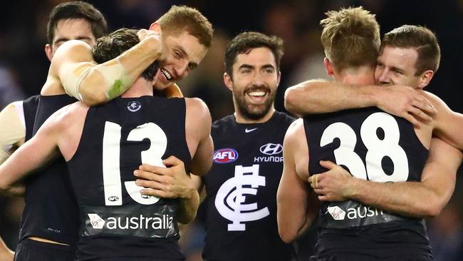 The Blues celebrate a late season win over Hawthorn. Picture: Getty Images