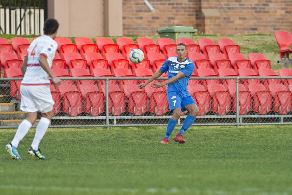 Travis Cooper for South West Queensland Thunder against Lions FC in NPL Queensland men round 22 football at Clive Berghofer Stadium, Saturday, July 28, 2018. Picture: Kevin Farmer