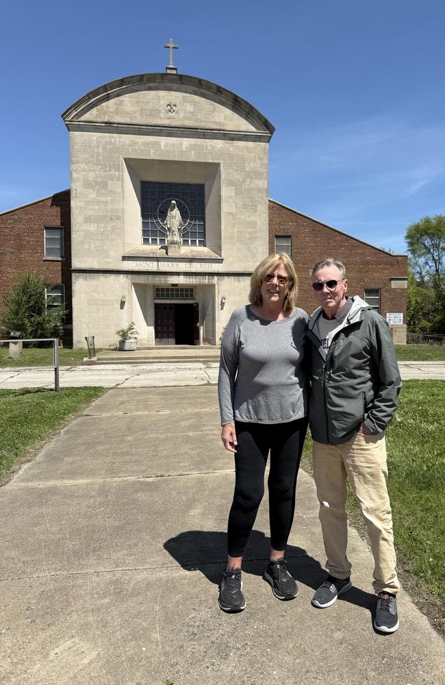 Terri and John Crowley at the Pope’s childhood church in Chicago. Terri is AFL star Mason Cox's aunt. Picture: Vanessa Marsh