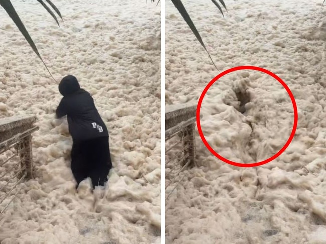 A woman has been slammed for her "stupidity" after diving into sea foam. Picture: TikTok/