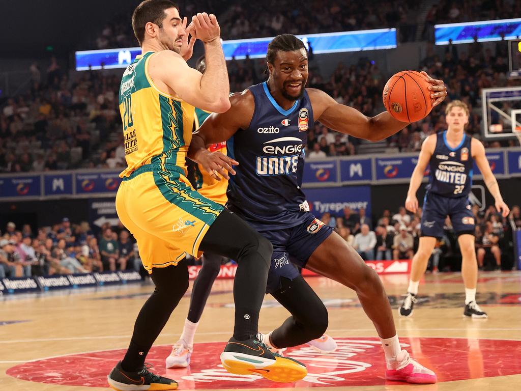 Ariel Hukporti in action for Melbourne United, who have led this championship series for a staggering 70 per cent of all minutes - but trail 2-1. Picture: Getty Images