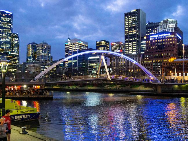 The Melbourne city skyline and the Evan Walker Bridge, photographed from Southbank. Picture: Mark Stewart