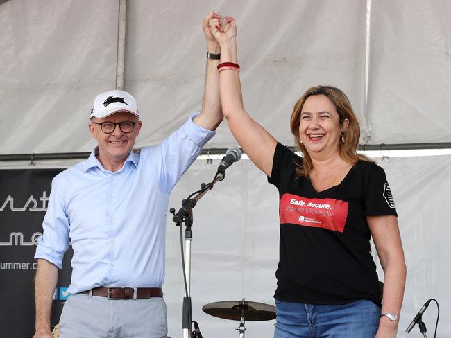 Premier Annastacia Palaszczuk with federal Opposition Leader Anthony Albanese at the Brisbane Labour Day rally last week. Picture: Liam Kidston